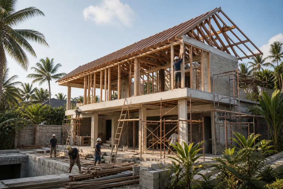 Construction team working on a timber villa structure in Bali