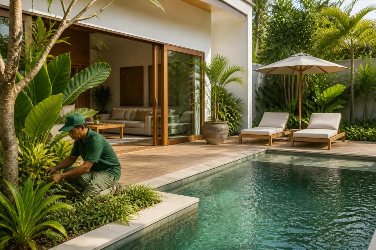 Property care professional maintaining a Bali villa garden and pool